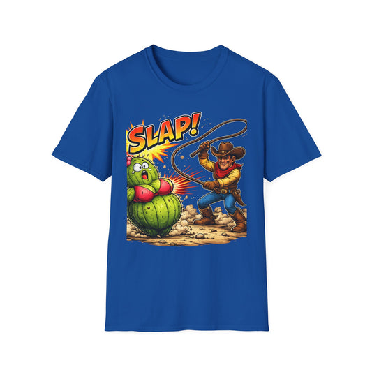 Slap! Cowboy vs Cactus Raw Comedy Graphic T-Shirt — Funny Western Humor Tee